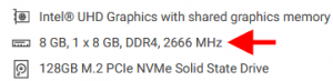 Spec sheet with red arrow pointing to 8 GB line