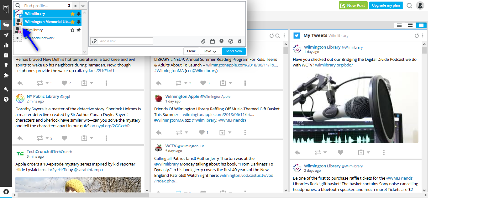 Hootstuie with the Post function open to show the different accounts