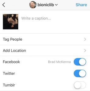 Instagram post with the post to Facebook and Twitter toggle switches turned on