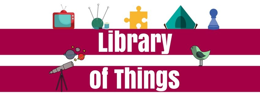 Library-of-Things-banner-850x330 Library above of Things with Redish background and various things in the library of things dotting the image.