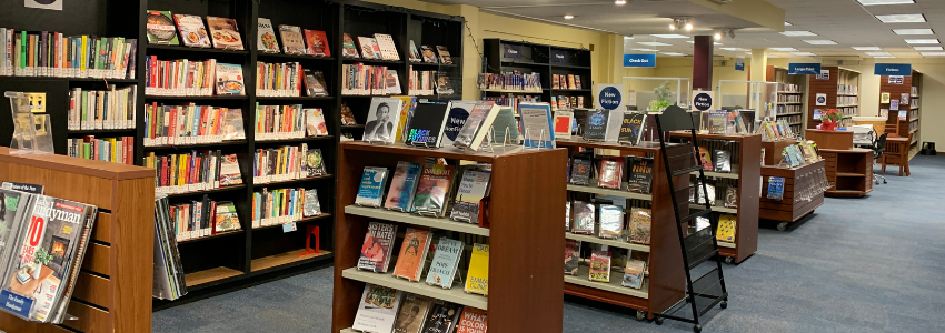 Services The first floor displays of new books at an angle with the cookbooks in the background