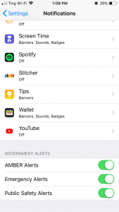 Screenshot of setting to turn off government alerts